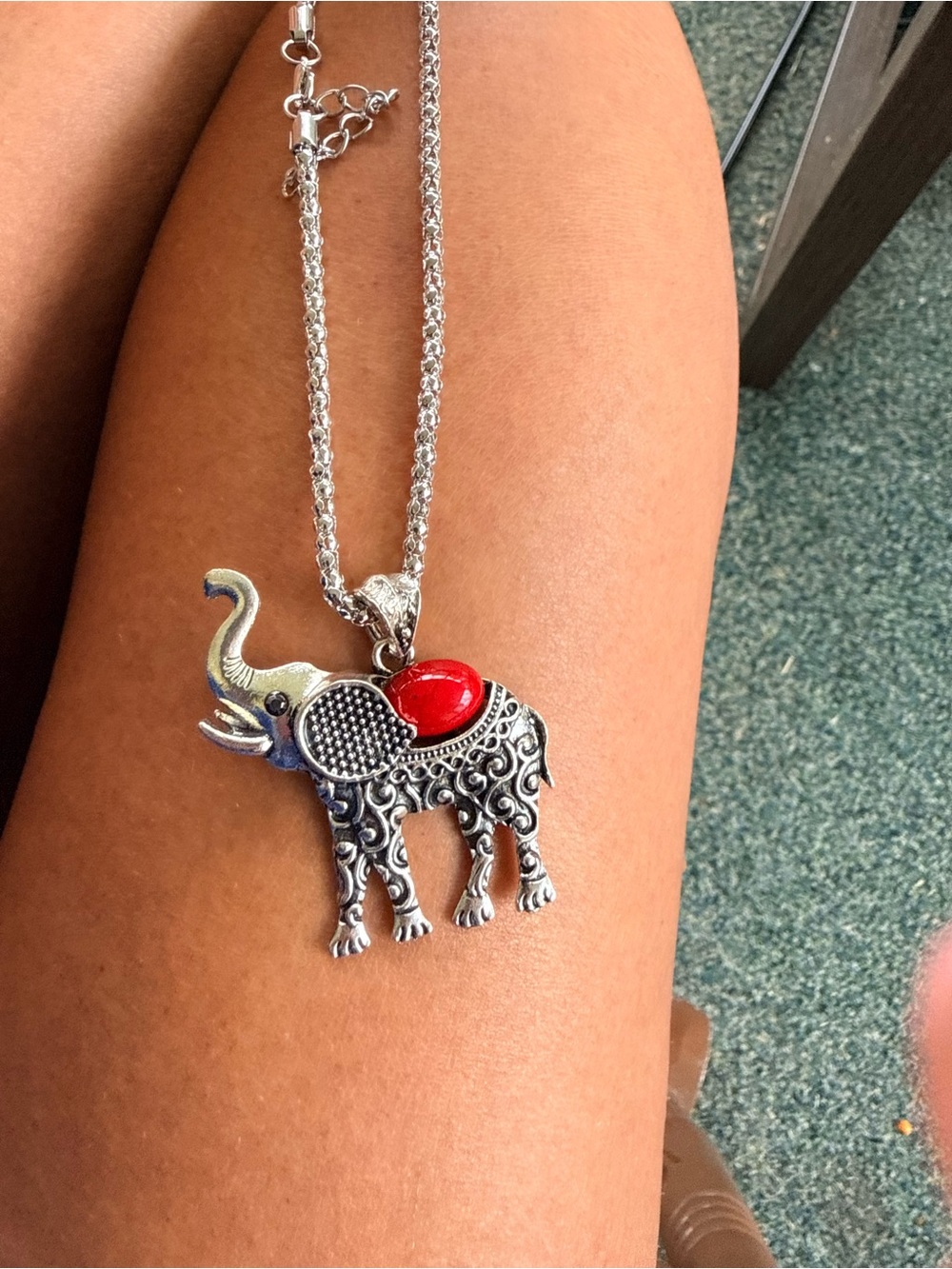 Silver Elephant Pendant Necklace with Red Accent